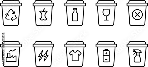 Recycling bins and waste sorting icons set. Trash, garbage, eco outline vector illustrations