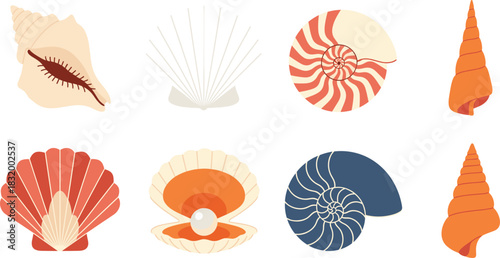 Stylized Sea Shell and Mollusk Vector Illustration Set Featuring Scallop, Conch, and Nautilus Shells in Flat Design for Beach and Summer Concepts.