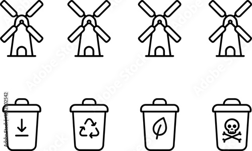 Recycling bins and waste sorting icons set. Trash, garbage, eco outline vector illustrations
