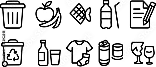 Recycling bins and waste sorting icons set. Trash, garbage, eco outline vector illustrations