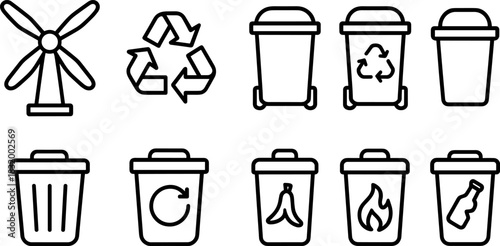 Recycling bins and waste sorting icons set. Trash, garbage, eco outline vector illustrations