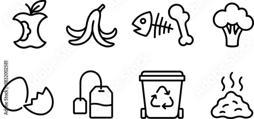 Recycling bins and waste sorting icons set. Trash, garbage, eco outline vector illustrations