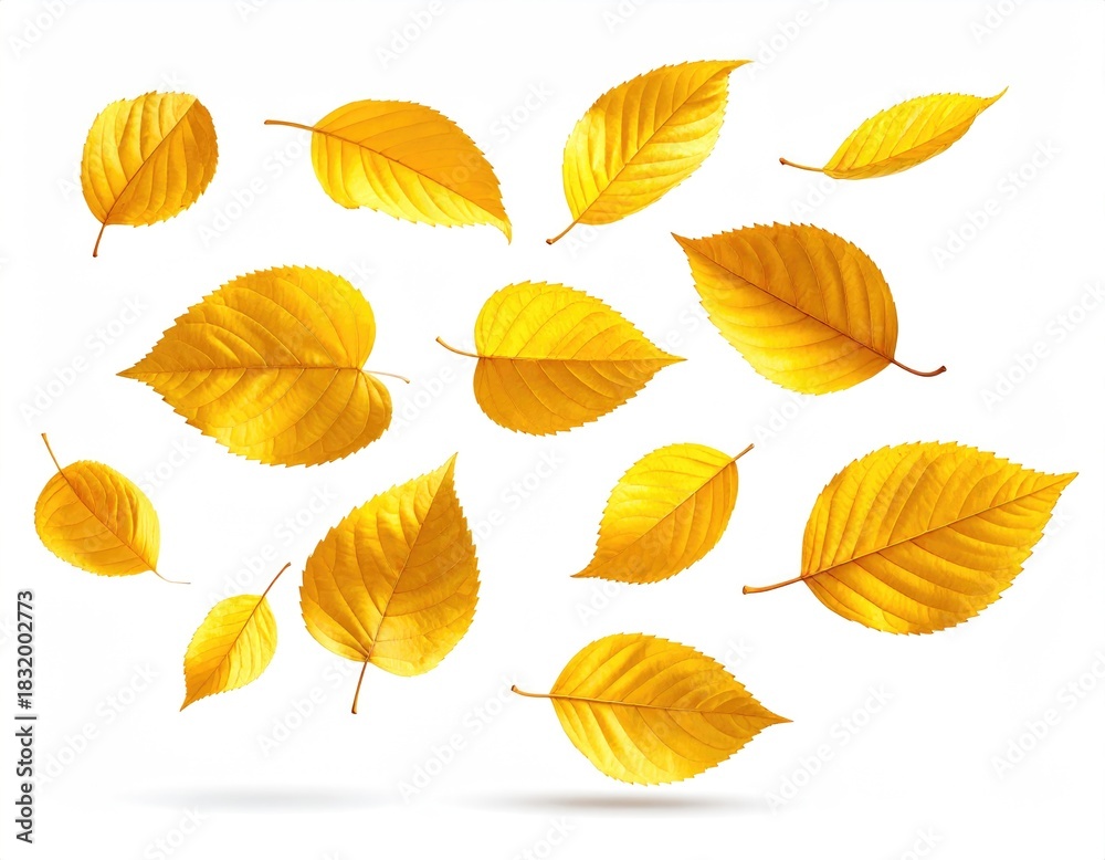 Obraz premium Golden leaves floating; white background