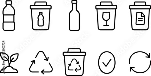Recycling bins and waste sorting icons set. Trash, garbage, eco outline vector illustrations