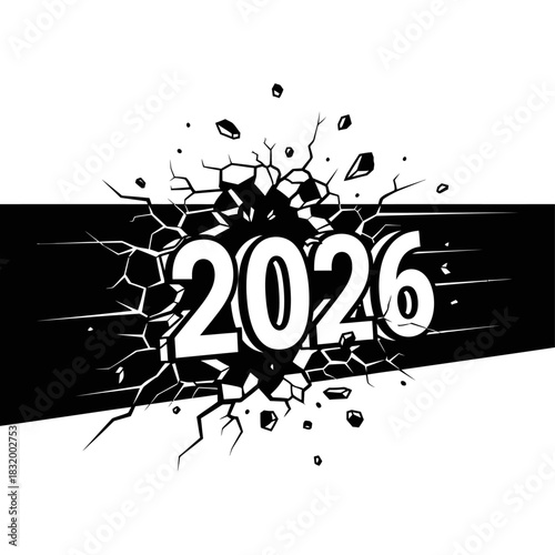 2026 number breaking through a black horizontal line with crack effect isolated on white background