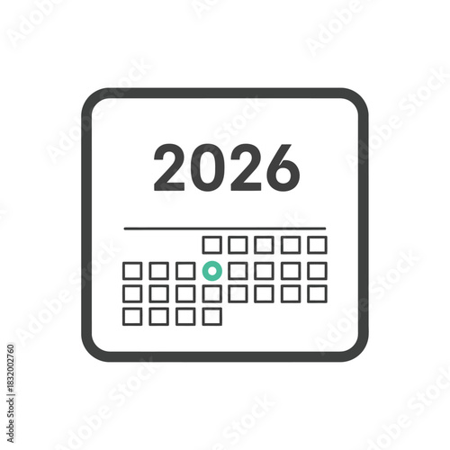 Simple icon of a calendar page showing the year 2026 with a highlighted date, isolated on white background