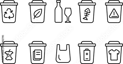 Recycling bins and waste sorting icons set. Trash, garbage, eco outline vector illustrations