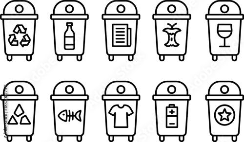 Recycling bins and waste sorting icons set. Trash, garbage, eco outline vector illustrations