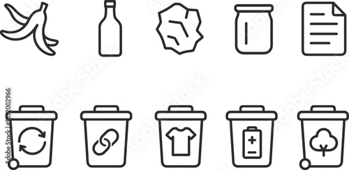 Recycling bins and waste sorting icons set. Trash, garbage, eco outline vector illustrations