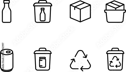 Recycling bins and waste sorting icons set. Trash, garbage, eco outline vector illustrations