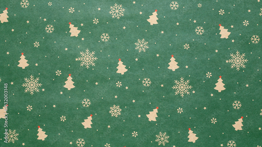 Fototapeta premium Green Christmas background with snowflakes and christmas trees,seamless pattern of christmas trees and snowflakes on green background,Christmas wrapping paper, Xmas pattern with ornaments.