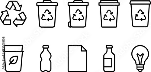 Recycling bins and waste sorting icons set. Trash, garbage, eco outline vector illustrations