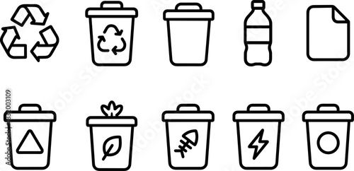 Recycling bins and waste sorting icons set. Trash, garbage, eco outline vector illustrations