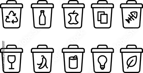 Recycling bins and waste sorting icons set. Trash, garbage, eco outline vector illustrations