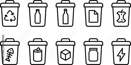 Recycling bins and waste sorting icons set. Trash, garbage, eco outline vector illustrations