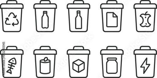 Recycling bins and waste sorting icons set. Trash, garbage, eco outline vector illustrations