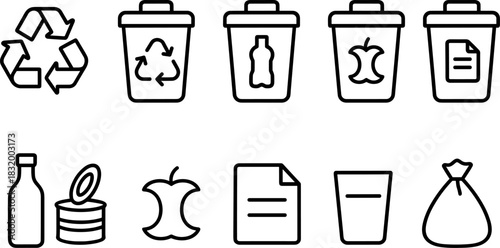 Recycling bins and waste sorting icons set. Trash, garbage, eco outline vector illustrations