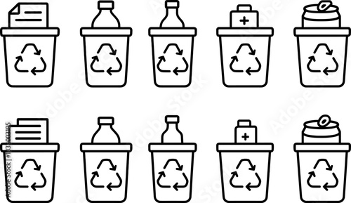 Recycling bins and waste sorting icons set. Trash, garbage, eco outline vector illustrations