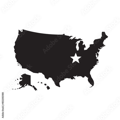 Black silhouette map of the united states with a star marking a location