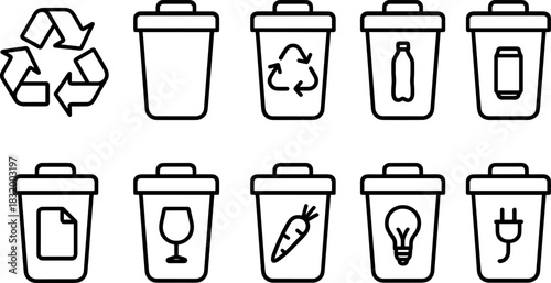 Recycling bins and waste sorting icons set. Trash, garbage, eco outline vector illustrations