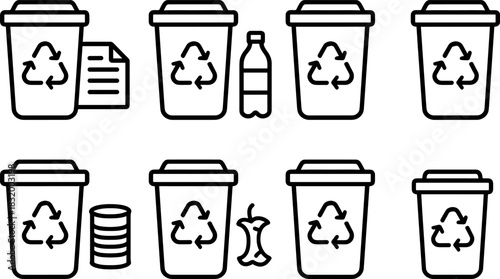 Recycling bins and waste sorting icons set. Trash, garbage, eco outline vector illustrations