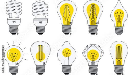 Vector Illustration Set of Various Light Bulbs, Including LED, Incandescent, and Compact Fluorescent Lamps (CFL) for Energy and Idea Concepts.