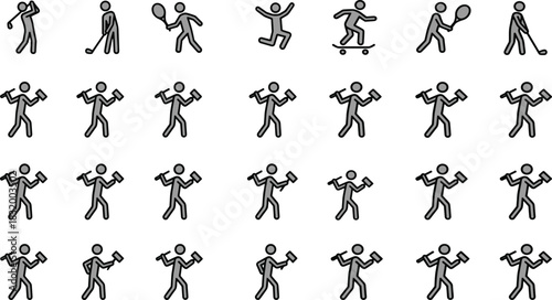 A Diverse Collection of Simple Stylized Stick Figures Engaging in Active Hobbies Including Golf, Tennis, Skateboarding, and Manual Labor with Hammers, Representing Work-Life Balance and Activity.