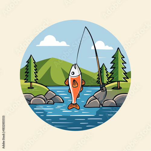 Vibrant Cartoon Fishing Scene with Orange Fish Jumping from Blue Water Surrounded by Pine Trees and Rolling Hills Under a Cloudy Sky