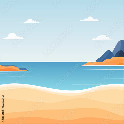 Pixel Art Ocean Beach With Rolling Waves And Distant Rocky Islands Under A Bright Blue Sky With Fluffy White Clouds