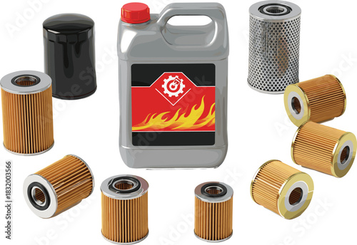 Vector Set of Automotive Maintenance Supplies Featuring Engine Oil Canister, Oil Filters, and Fuel Filters for Car Service and Repair Illustration