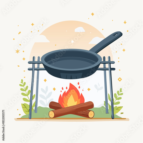 Flat Illustration of a Frying Pan Over a Campfire Cooking Outdoors on a Sunny Day with Green Foliage and Clouds in the Background