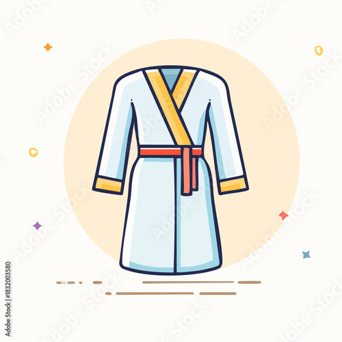 White Bathrobe With Yellow Trim And Red Belt Centered In A Circle With Subtle Starbursts