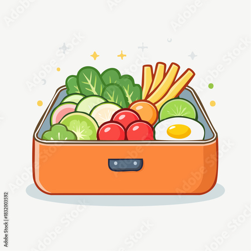 Pixel Art Bento Box Filled With Fresh Vegetables and a Fried Egg on White Background with Sparkles