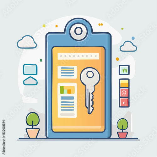 Digital Security Concept Showing A Stylized Key On A Clipboard With Data And Cloud Elements In A Flat Design Style With Pastel Colors And Minimalist Graphics