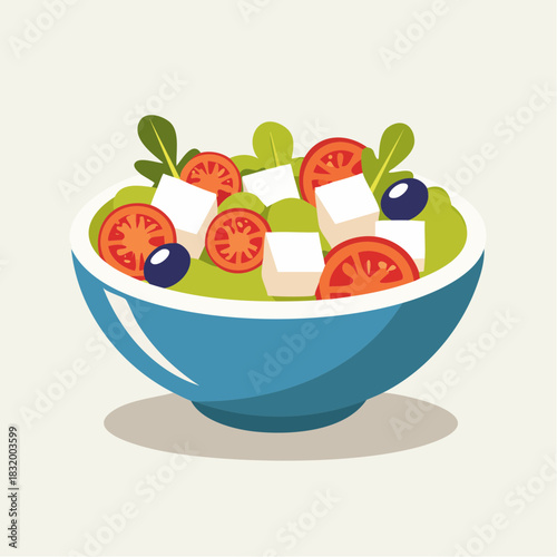 Fresh Garden Salad in a Blue Bowl with Tomatoes Olives and Feta Cheese Served on a Light Background