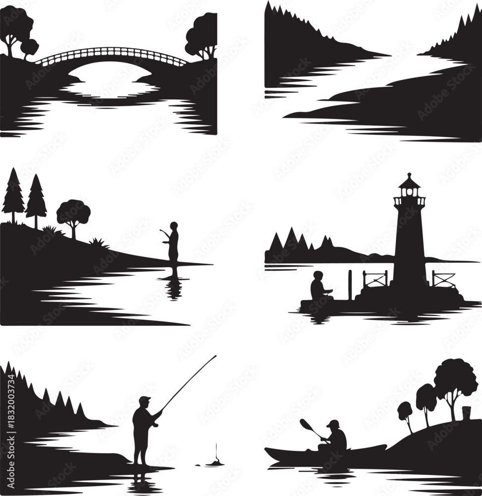 Naklejka premium Lake Shore Silhouette – Vector Forest Edge, Trees, Rocks, Water, Nature Landscape, Solid Black Design”