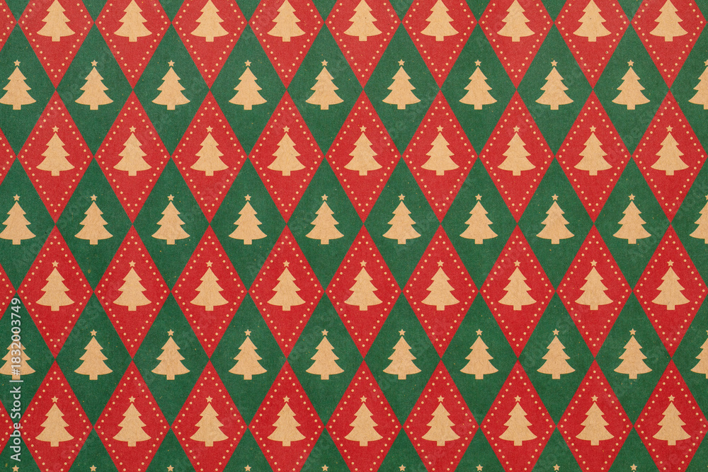 Fototapeta premium Red and green Christmas background with geometric and christmas trees,seamless pattern of christmas trees and snowflakes background,Christmas wrapping paper, Xmas pattern with ornaments.