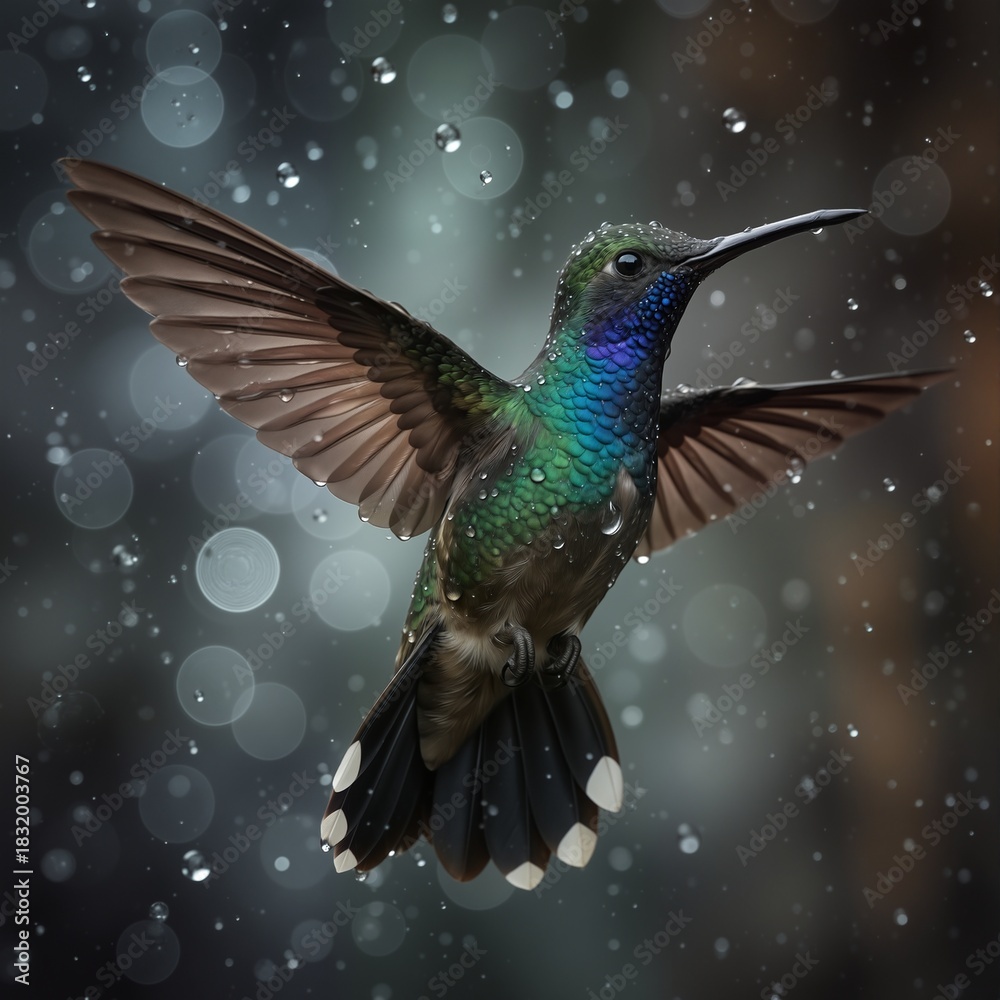 Obraz premium iridescent hummingbird in flight with water droplets against a blurred bokeh background