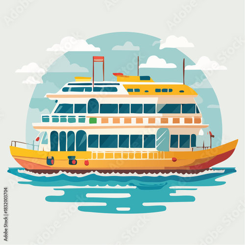 Large Yellow Tour Boat Sailing On Calm Blue Water Under A Cloudy Sky With White Clouds