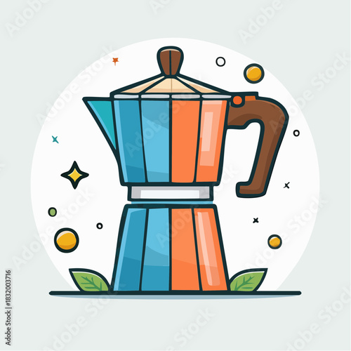 Retro Style Coffee Maker With Blue And Orange Panels And A Brown Handle On A Light Blue Background With Green Leaves And Sparkles