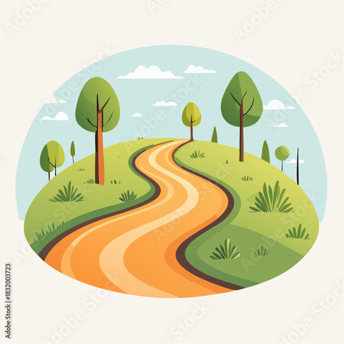 Winding Orange Path Through Lush Green Hills Under a Cloudy Blue Sky With Tall Trees and Small Bushes