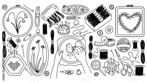 Embroidery supplies and tools for crafting and handiwork design