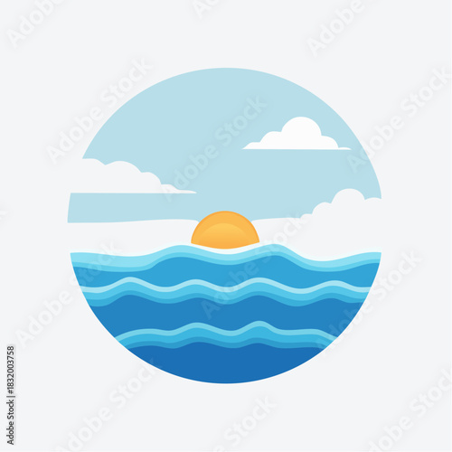 Stylized Sunrise Over Wavy Ocean With Clouds In Circular Frame