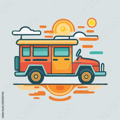 Retro Orange and Yellow Jeepney with Stylized Sun and Clouds on a Gray Background