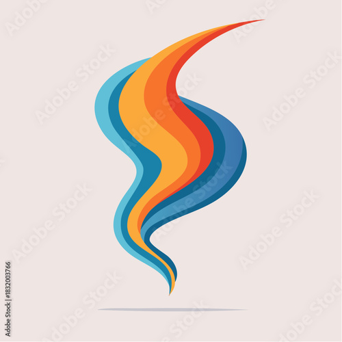 Abstract Swirl of Blue Orange and Yellow Flames Rising Upward on a Light Pink Background With Subtle Shadow