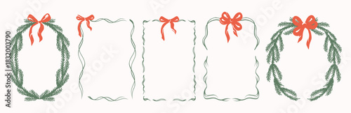 Decoration hand drawn Christmas frames. Trendy doodle Christmas branch of a fir tree borders, line in with curved shapes, bow and ribbons. Sketch art for holiday poster, card, invitation.