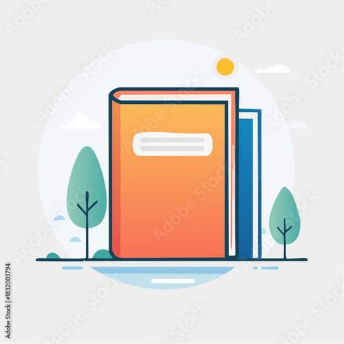 Two Closed Books One Orange and One Blue Stand on a Blue Line with Green Trees and a Yellow Sun in a Circle Background