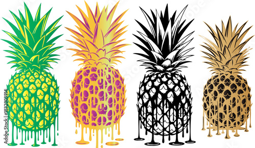 Four pineapples in different color schemes dripping with paint in a row design