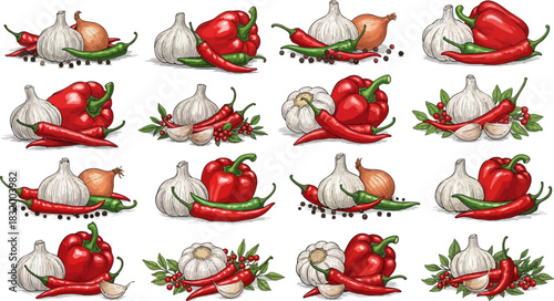 Assortment of fresh garlic peppers and onions arranged in pixel art style scenes