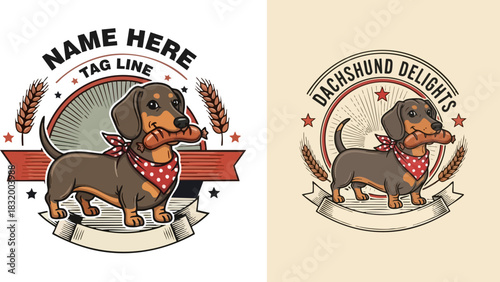 Adorable dachshund illustration with bandana holding sausage in vintage style art